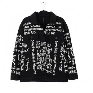 American Bazi Black Distressed Denim Jacket Graffiti Letter Art Size M
